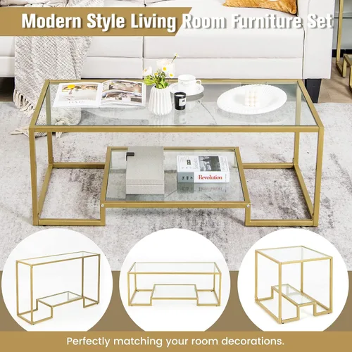 Miniatura 9 de Tangkula Mesa auxiliar rectangular de vidrio, mesa central de vidrio templado moderna de 45 pulgadas de ancho con marco de acero dorado, mesa
