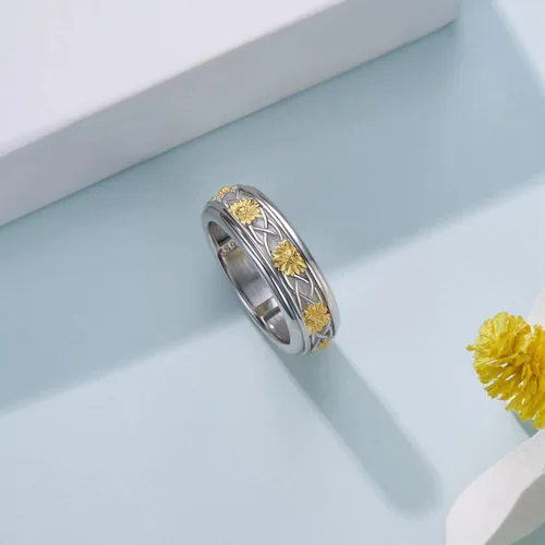 Miniatura 2 de Anillo giratorio de plata de ley 925 con girasol, anillos giratorios para aliviar el estrés, joyería de regalo para mujeres y niñas
