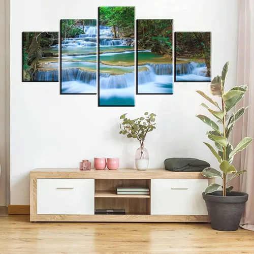 Miniatura 4 de SZ - Lienzo decorativo para pared en cascada para sala de estar, 5 piezas de impresiones de estanque relajante en bosque tropical