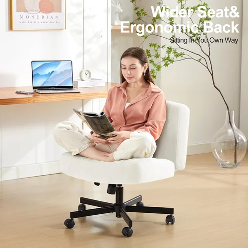 Miniatura 6 de Silla cruzada con ruedas, silla de escritorio de oficina con patas cruzadas de tela acolchada gruesa con cojín de resorte de bolsillo, base de doble