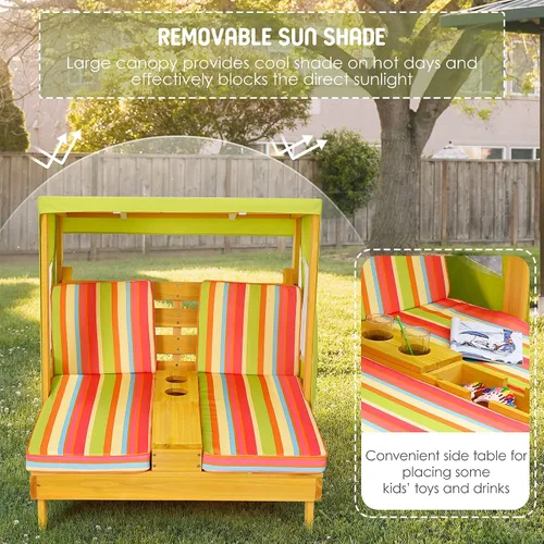Miniatura 4 de COSTWAY Tumbona doble para niños al aire libre, silla de patio de 2 asientos con portavasos y cojines, silla de playa para niños con toldo, muebles