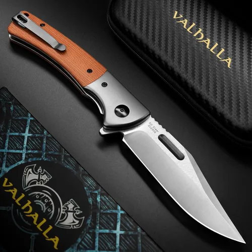 Miniatura 6 de VALHALLA PTEROSAUR EDC - Cuchillo plegable de bolsillo, hoja de acero D2 de 3.9 pulgadas con mango de micarta, cuchillo plegable táctico para Marrón