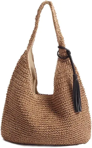 Bolso de hombro de paja grande suave tejido a mano con borlas negras Boho paja asa tote retro verano playa bolsa de ratán bolso