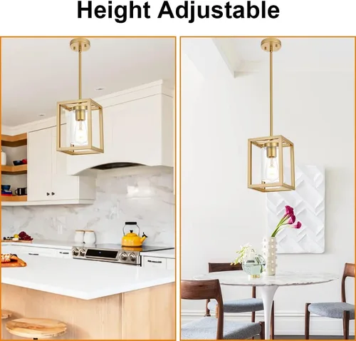 Miniatura 7 de Candelabro rústico de 1 luz con acabado dorado, moderno accesorio de iluminación colgante industrial con pantalla de vidrio transparente, lámpara