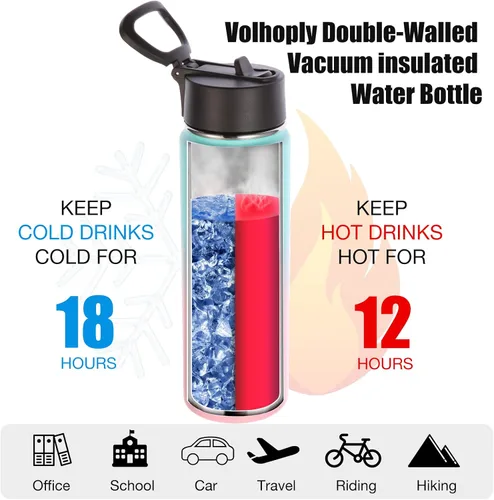 Miniatura 3 de Volhoply Botellas de agua aisladas de 22 onzas con tapa con pajilla, botella deportiva de acero inoxidable con asa, tazas de agua de viaje de metal