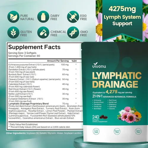 Miniatura 7 de Suplemento de drenaje linfático, 240 cápsulas blandas, suplemento de apoyo del sistema linfático de 4275 mg para mujeres y hombres, mezcla