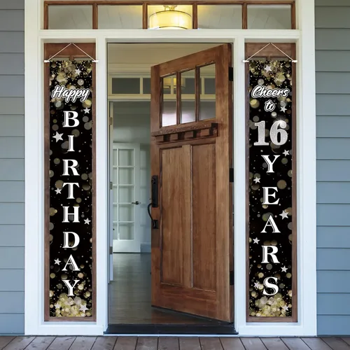Miniatura 31 de Cartel de feliz cumpleaños número 100 en negro y plateado para puerta de hogar, decoración de fiesta de cumpleaños número 100