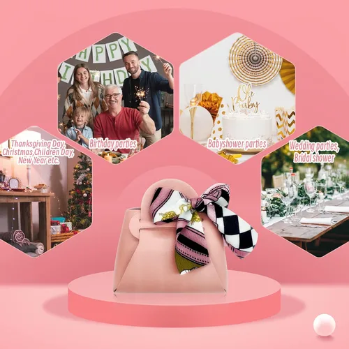 Miniatura 8 de Paquete de 10 cajas de regalo rosas de piel sintética, pequeña bolsa de recuerdo de fiesta con cinta, cajas de regalo reutilizables y exquisitas