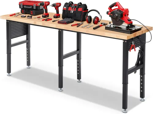 Miniatura 8 de ENJOYWOOD Mesa de trabajo para garaje de 60 pulgadas Banco de trabajo con almacenamiento Altura ajustable Tablero de madera de goma Banco de trabajo