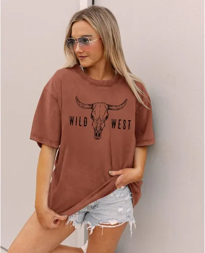 Miniatura 2 de IZYJOY Camiseta para mujer, estilo bohemio, con estampado de calavera de vaca occidental, con diseño de calavera, color rojo y rojo