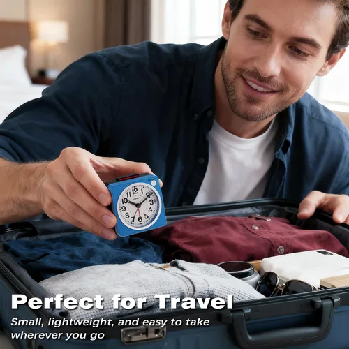 Miniatura 3 de AYRELY® Reloj despertador analógico de viaje ultra pequeño de 2.6 x 1.4 pulgadas, silencioso, sin tictac, con repetición y luz, reloj retro de Azul