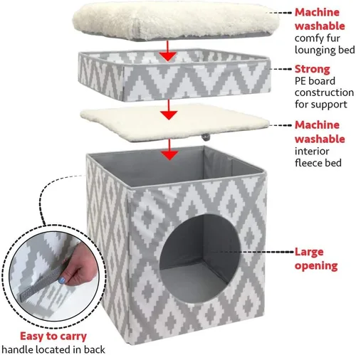 Miniatura 4 de Kitty City - Cama grande para gatos, cubo, condos, desplegable, apilable C) Cubo para gatos (blanco y gris)