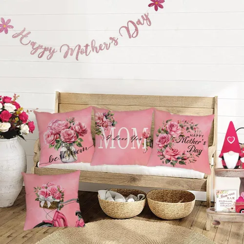 Miniatura 7 de Juego de 4 fundas de almohada para el Día de la Madre de 26 x 26 pulgadas, fundas de almohada de terciopelo para mamá, fundas de cojín florales