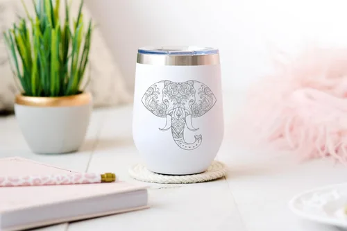 Miniatura 2 de CM - Vaso de vino con doble aislamiento y tapa de 12 onzas, copa de vino sin tallo grabada con elefante de acero inoxidable con recubrimiento
