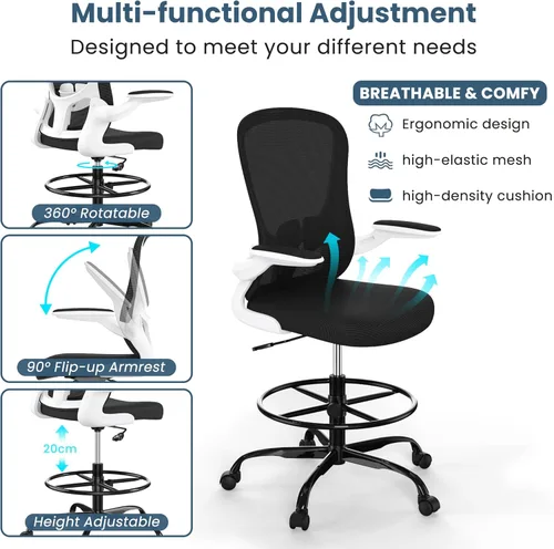 Miniatura 5 de Silla de dibujo, silla de oficina alta con reposabrazos abatibles, silla de escritorio de pie ergonómica ejecutiva para computadora, silla de dibujo