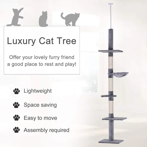 Miniatura 3 de PawHut Árbol para gatos de piso a techo de altura ajustable de 102 pulgadas, torre para gatos de 5 niveles con postes rascadores, hamaca, gris