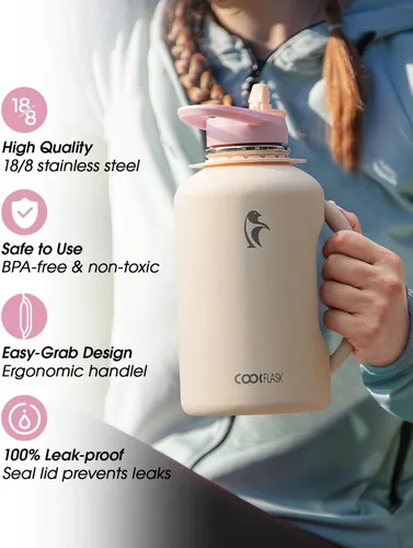 Miniatura 5 de Coolflask - Botella de agua aislada de 64 onzas, jarra de agua de medio galón con asa, popote de acero inoxidable, doble pared, de metal al vacío