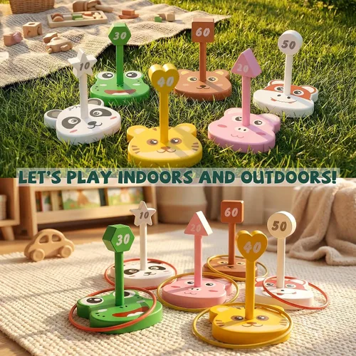 Miniatura 5 de Juego de juguetes de lanzamiento de anillos de animales para niños, 6 soportes y 36 anillos, para interiores y exteriores, fiesta, patio, actividad