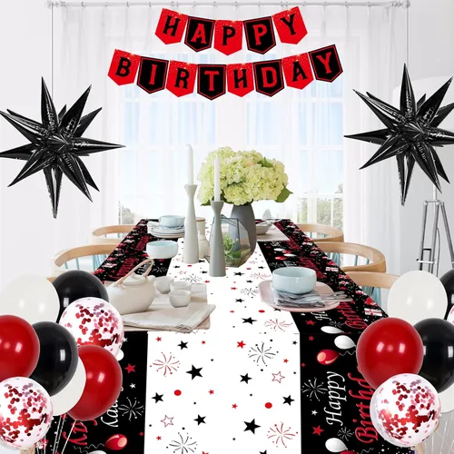 Miniatura 4 de Decoraciones de Cumpleaños Rojas para Hombres Mujeres Niños Niñas, 75 PCS Decoraciones de Fiesta Rojas y Negras Telón de Fondo Pancarta de Feliz