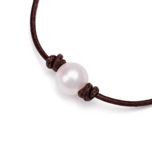 Miniatura 4 de Pulsera cultivada de agua dulce de una sola perla hecha a mano de cuero genuino pulsera de ágata Malaquita Tiger Eyes con encanto joyería sintética