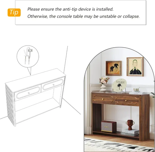 Miniatura 5 de ORRD Mesa consola acanalada con cajones, mesa de entrada estrecha de mediados de siglo con estantes de almacenamiento abiertos, mesas decorativas