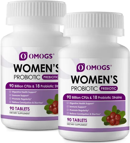 OMOGS 2 probióticos para mujer, con extracto de arándano, prebióticos orgánicos y vitamina C, 90 mil millones de UFC, 18 cepas, ayudan a aumentar el