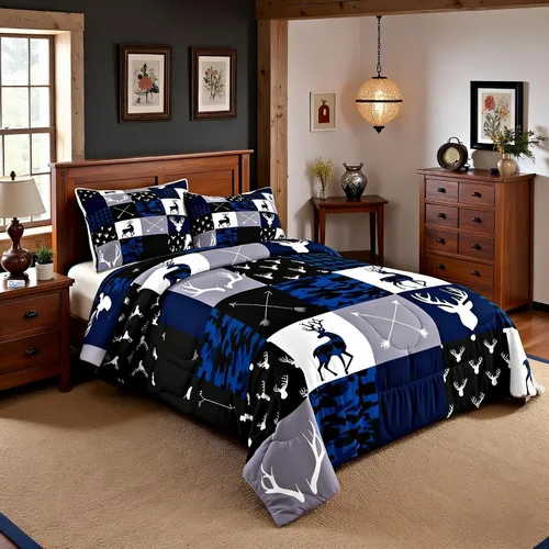 Miniatura 53 de Juego de edredón de cuernos de ciervo tamaño individual, juego de ropa de cama rústica de granja con huellas de oso y pinos para decoración