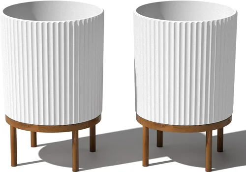 Miniatura 66 de Veradek Demi Series - Maceta redonda con soporte para porche o patio, compuesto de piedra de plástico duradero y soporte de madera, decoración