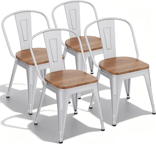 Miniatura 10 de Sillas de comedor de metal de 18 pulgadas, juego de 4 sillas de granja Arlunar, sillas de comedor negras apilables con respaldo y asiento de madera