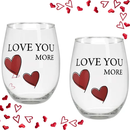 Miniatura 7 de BANBERRY DESIGNS Lover's - Juego de 2 copas de vino sin tallo "Love You More" con corazones decorativos, copas de vino románticas para él