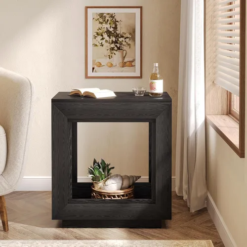 Miniatura 7 de Tribesigns Mesa auxiliar marrón rústica, mesa auxiliar de 24 pulgadas con estante de almacenamiento, mesita de noche estilo granja (1, negro)