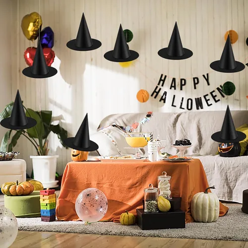 Miniatura 7 de Paquete de 2 sombreros de bruja negros para niños y adultos, sombrero de bruja con rop colgante para decoraciones de fiesta de Halloween