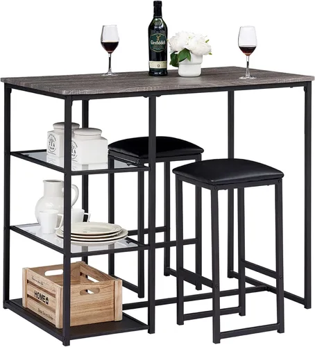 Miniatura 10 de VECELO juego de mesa de bar pequeña y sillas para 2, taburetes tapizados y estantes de almacenamiento de vidrio, para cocina, comedor, rincón
