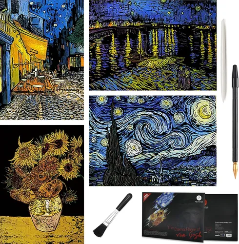 Scratch Art - Papel de pintura arco iris, 4 piezas de Vincent Van Gogh grabado arte y manualidades, tarjeta de dibujo para adolescentes y adultos,