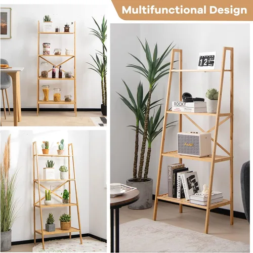 Miniatura 7 de Giantex Estantería de bambú de 4 niveles, estantes de almacenamiento multifuncionales con dispositivo antivuelco, estante de escalera de bambú