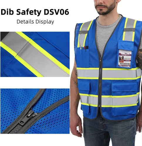 Miniatura 4 de Dib Safety Chaleco de malla reflectante de alta visibilidad en dos tonos con bolsillos y cremallera, malla azul con ribete amarillo, L Azul