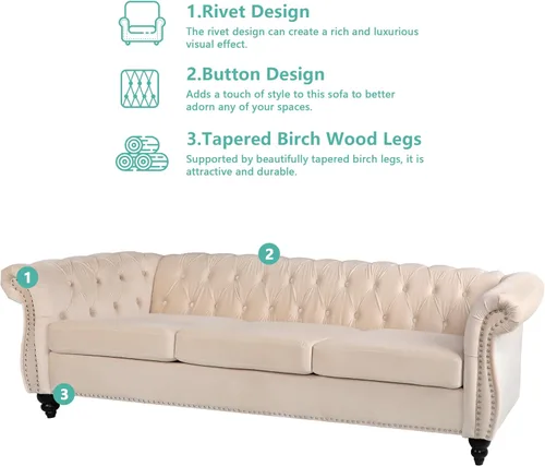 Miniatura 3 de QHITTY Sofá Grande de Acento, Sofá Chesterfield de 3 Plazas, Sofá Moderno de Terciopelo Tapizado con Respaldo Acolchado para Muebles de Sala