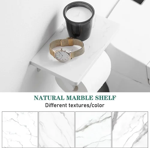 Miniatura 6 de Soporte de papel higiénico de aluminio plateado cepillado Hoimpro con estante de mármol natural blanco, soporte de almacenamiento de rollo de papel