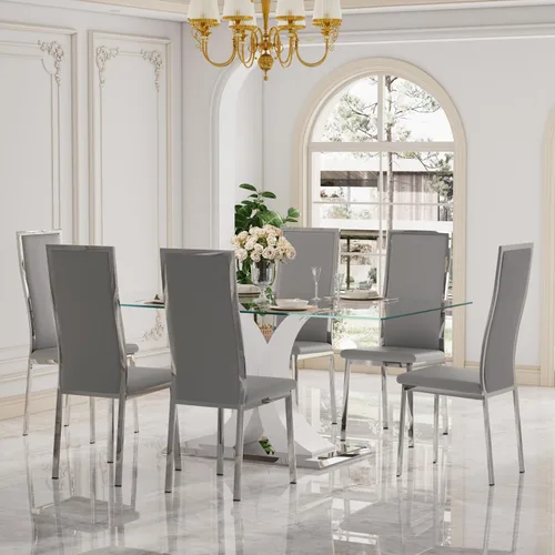 Miniatura 19 de Moderno juego de mesa de comedor rectangular de vidrio para 4, 63 pulgadas, mesa transparente de cocina de lujo con base negra y dorada, 4 sillas