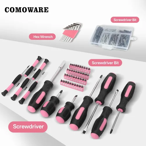 Miniatura 5 de COMOWARE Kit de herramientas para el hogar de 218 piezas, color rosa, juego de herramientas de mano básicas para el hogar con bolsa, kit