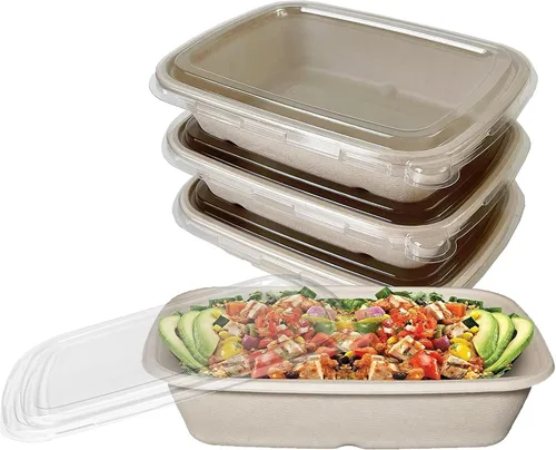 EcoQuality Cuencos desechables de 29 onzas con tapas transparentes, cuencos rectangulares de papel biodegradable de fibra de caña de azúcar