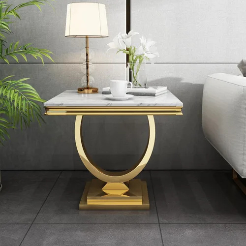 Miniatura 66 de SSLine Mesa de Centro Rectangular de Mármol Sintético para Sala de Estar, Mesa Central Moderna de Mármol Blanco de Lujo con Base Doble en Forma de U