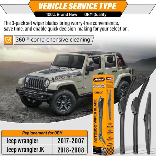 Miniatura 2 de AUTOBOO Limpiaparabrisas de 15 + 15 pulgadas con limpiaparabrisas trasero de 13 pulgadas de repuesto para Jeep Wrangler JK 2008-2018, Jeep Wrangler