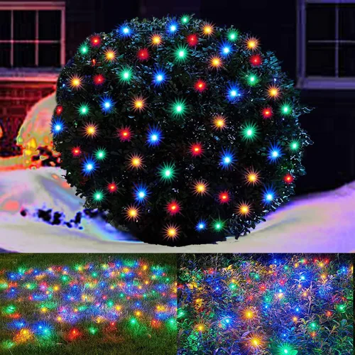 Miniatura 9 de HISHINY Red de luces LED rojas de Navidad para exteriores, cable verde de 100 luces LED de 5 x 5 pies, cable verde conectable para interiores y Rojo