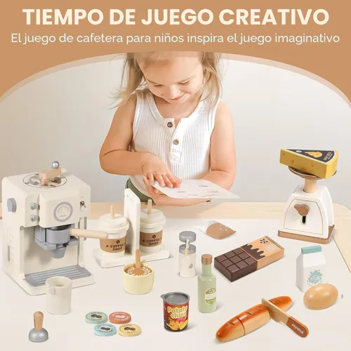 Miniatura 7 de Pithfor - Juego de simulación de café de madera para niños con molinillo, juguete de cafetera para niños y niñas, accesorios y electrodomésticos