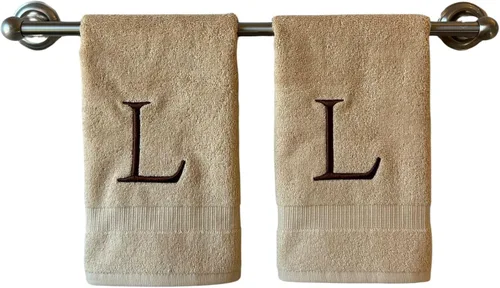 Miniatura 163 de Toalla de mano con inicial beige para baño, toalla bordada decorativa de calidad de hotel de lujo con monograma para tocador, spa, certificado