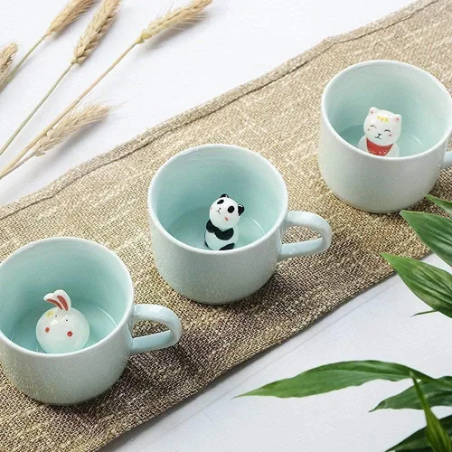 Miniatura 4 de ZaH Taza de café con diseño de animales con diseño de dibujos animados en 3D, para niños, niñas, mujeres, hombres (panda y gato de la suerte)