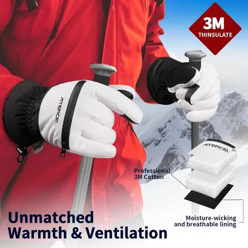 Miniatura 2 de ATERCEL Guantes de esquí impermeables, guantes Thinsulate cálidos 3M, pantalla táctil, ideales para hombres y mujeres en esquí, snowboard, motos