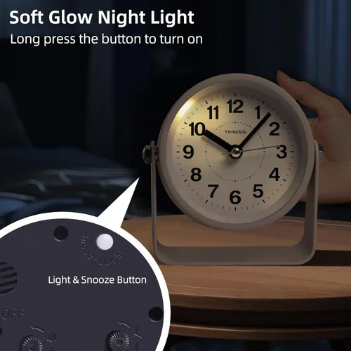 Miniatura 5 de Reloj de alarma analógico TIMESS, silencioso, de cuarzo sin tictac, funciona con pilas, con función de repetición y luz bajo demanda, fácil