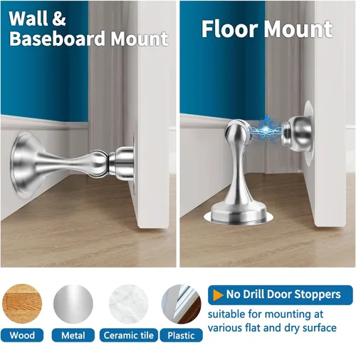 Miniatura 6 de Topes de puerta, paquete de 6, tope magnético de puerta, soporte de puerta de acero inoxidable para pared con cinta adhesiva de doble cara, sin